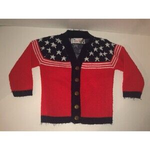 Vintage Childrens Patriotic Cardigan Blue Bird Stars Stripes Orlon Sweater Flag